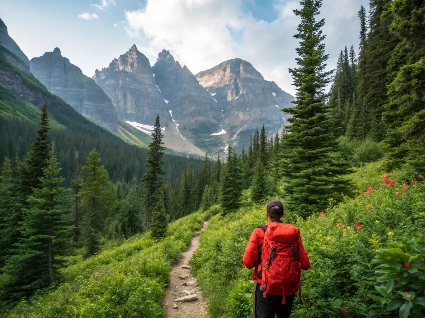 A vibrant image showcasing a backpacker hiking through a lush, green mountain trail, representing budget travel and adventure.