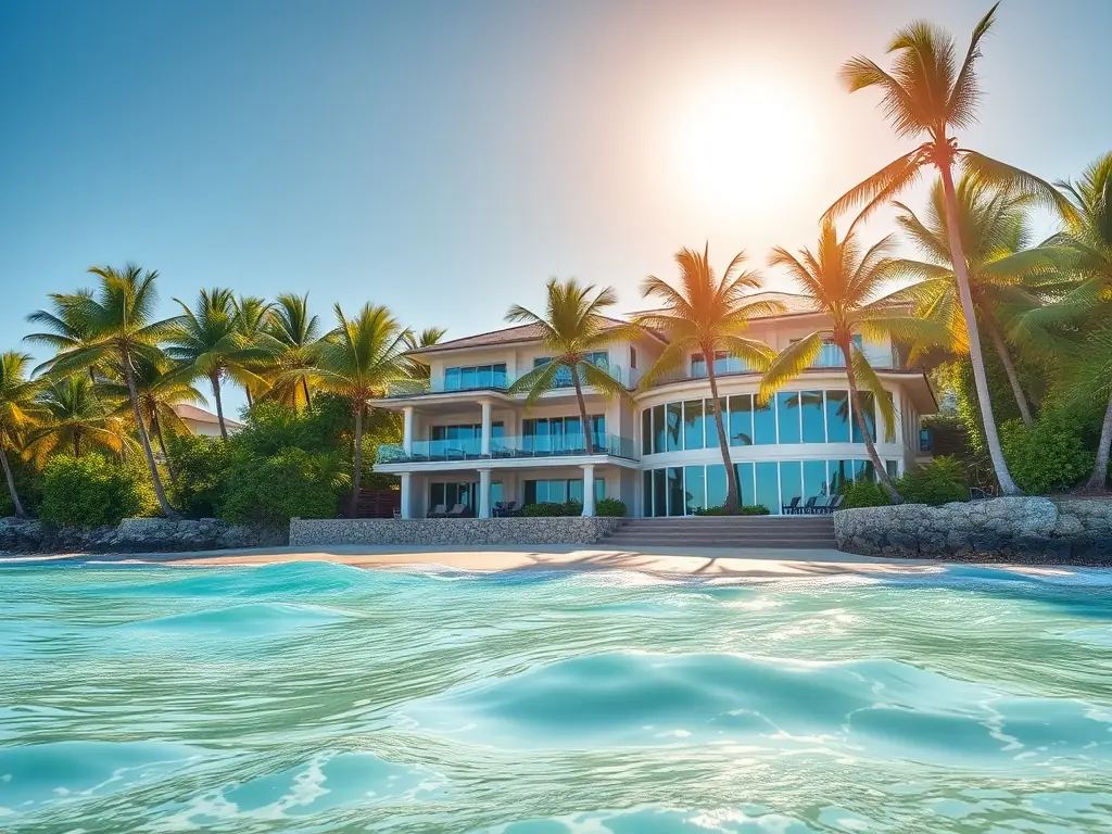 A serene beachfront villa with crystal-clear waters in the background, representing vacation home investments and international real estate opportunities.