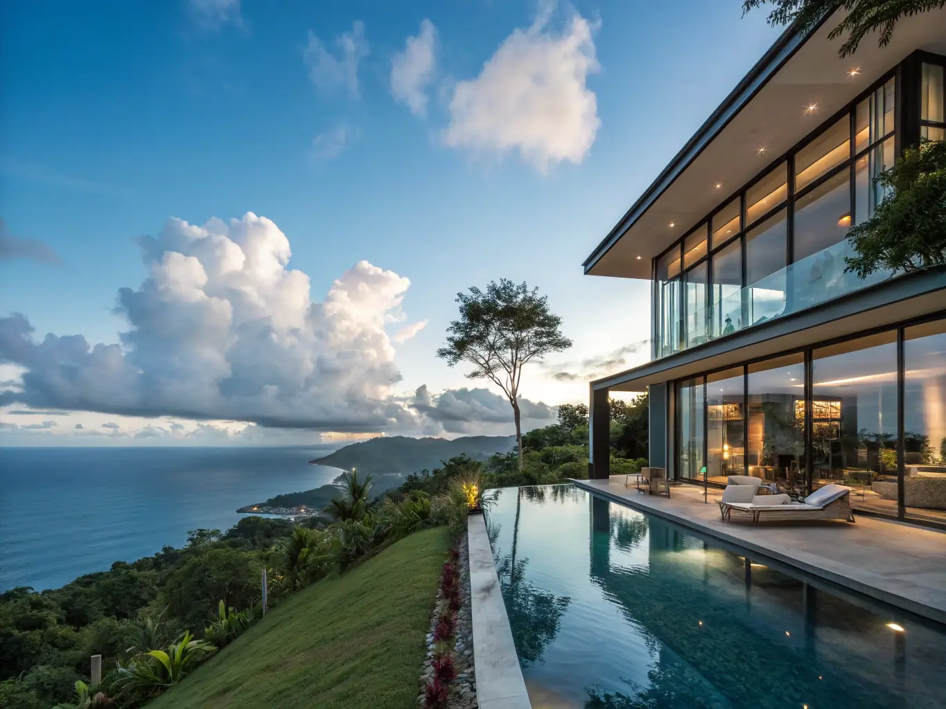 A modern luxury villa with a pool overlooking the ocean at sunset, showcasing high-end real estate investment opportunities.