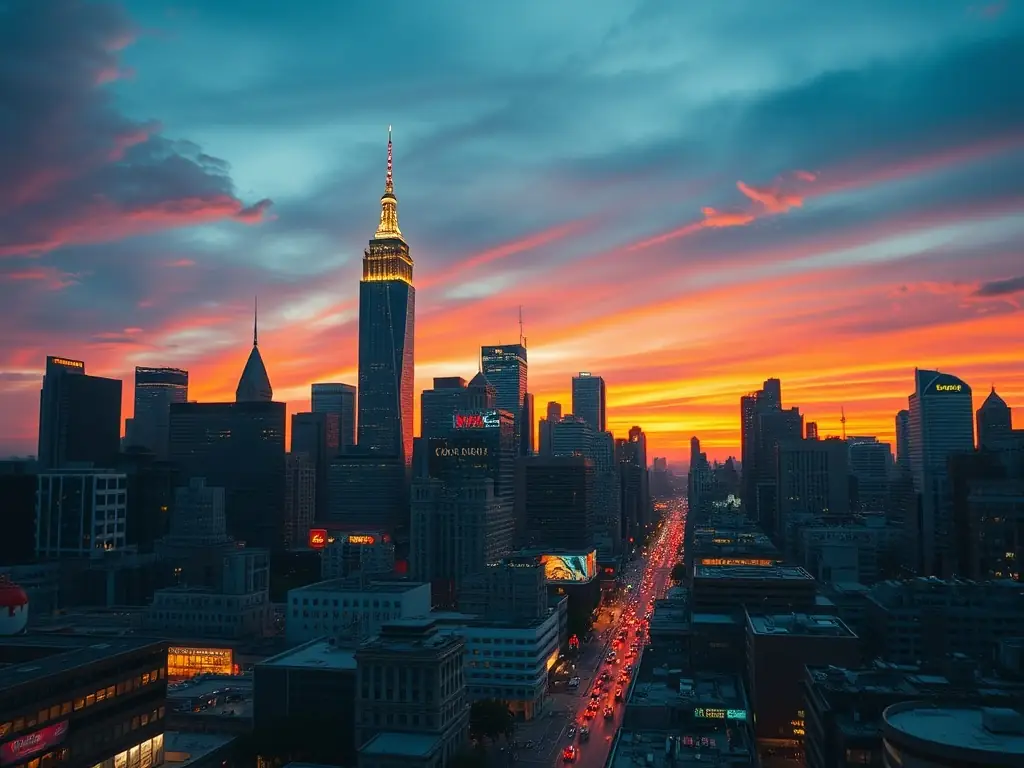 An aerial view of a vibrant city skyline, showcasing urban real estate investment opportunities.