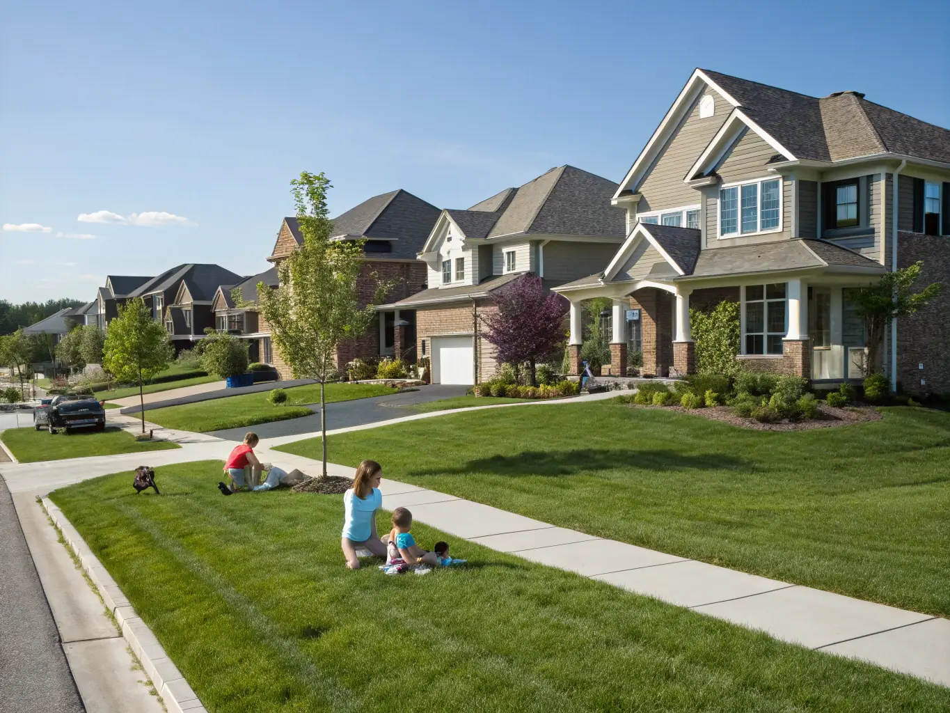 A cozy suburban house with a well-manicured lawn and a family playing in the backyard, illustrating the benefits of suburban real estate and family-friendly communities.